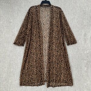 Double Take Leopard Print Mesh Duster Cardigan Womens XL Brown Sheer Longline